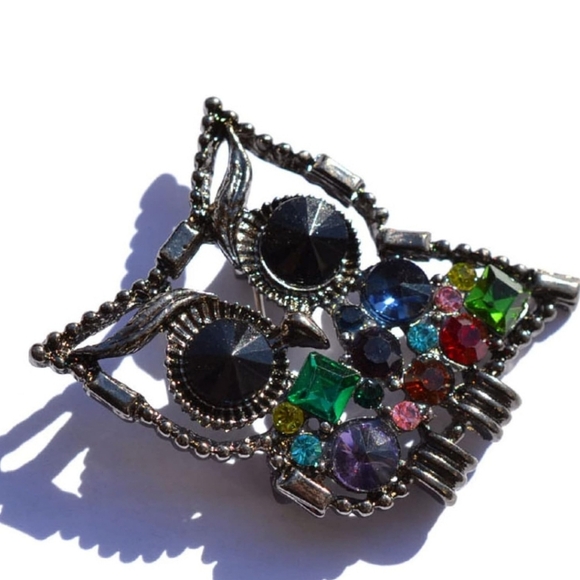 Silver Plated gold chain multicolor crystal owl necklace brooch - Picture 10 of 14